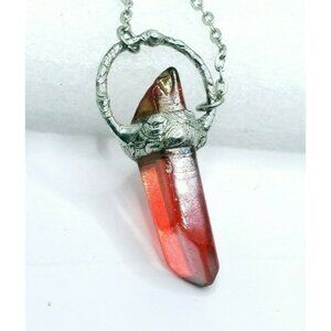 Red Aura Quartz Crystal Necklace Handmade